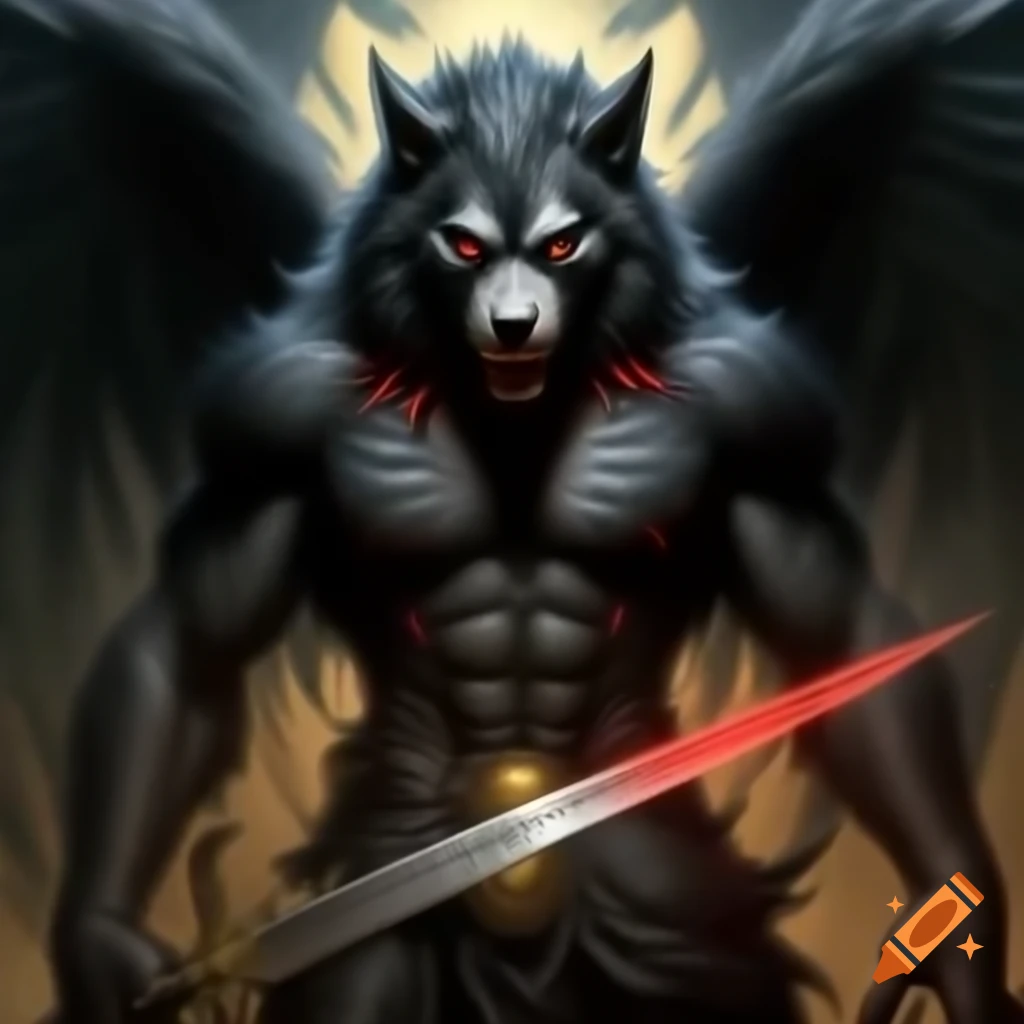 Black werewolf with red stripes and angel wings holding a greatsword, surrounded by a golden glow