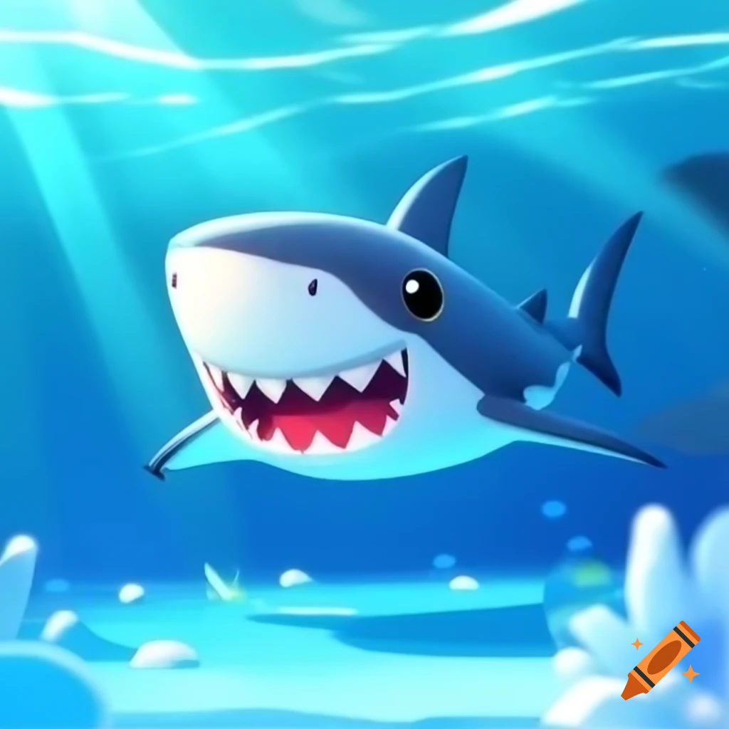 Cute cartoon shark swimming in crystal-clear waters