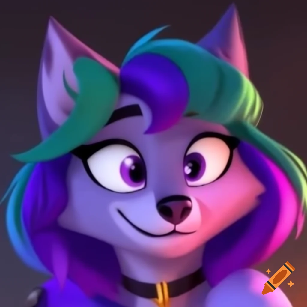 Anthropomorphic feminine wolf with purple and green hair in Disney style