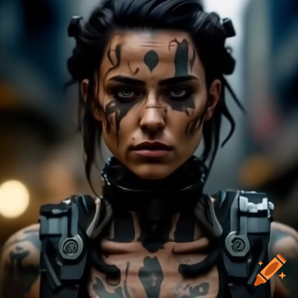 Futuristic warrior woman with tattoos and battle scars