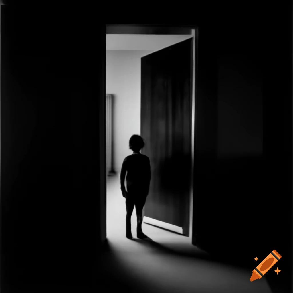 Boy standing at the door of a dark, eerie room