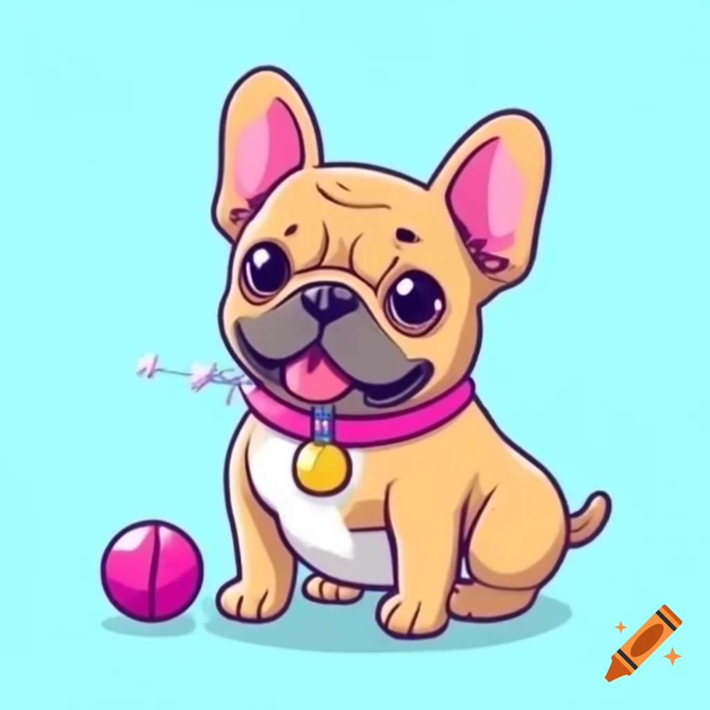 Cute female French bulldog in pink collar cartoon playing with ball