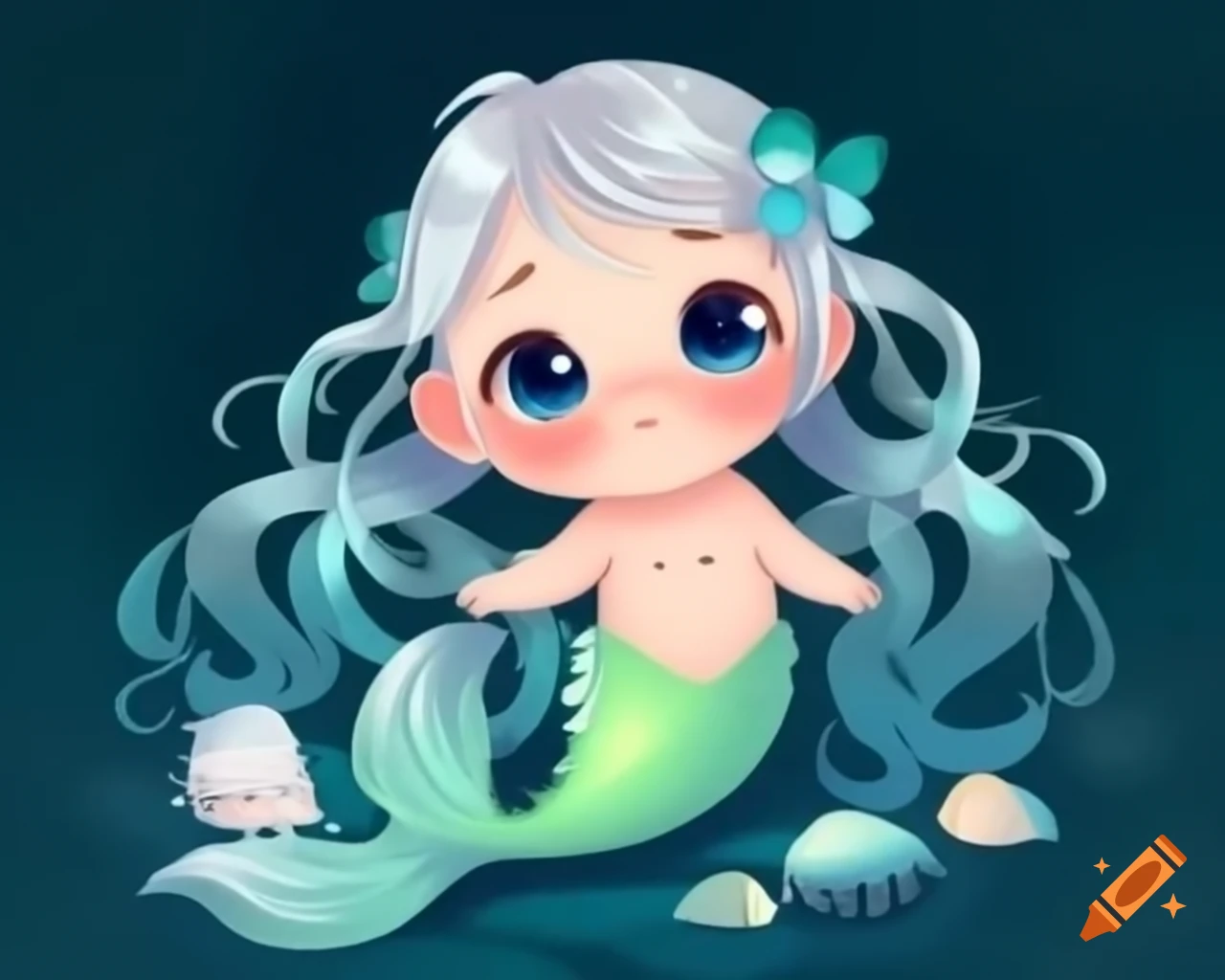 Cute baby mermaid with silver hair made from seaweed and shells in storybook style