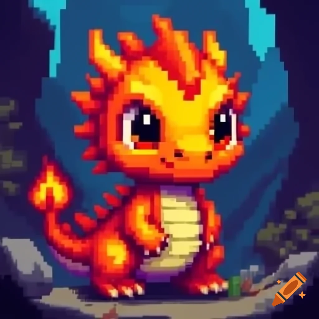 Pixel art of a baby magma dragon