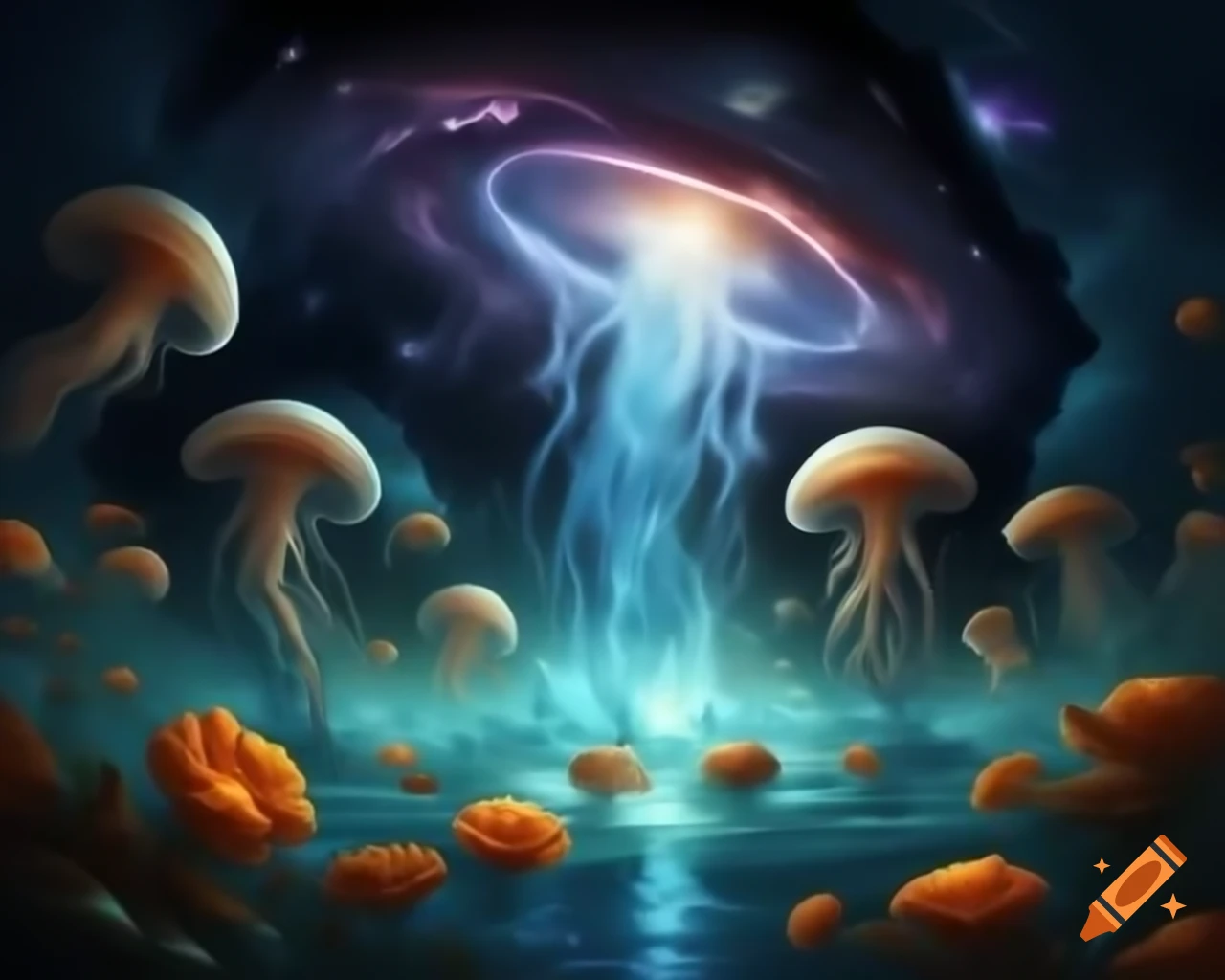 Celestial scene with galactic waters and luminous jellyfish