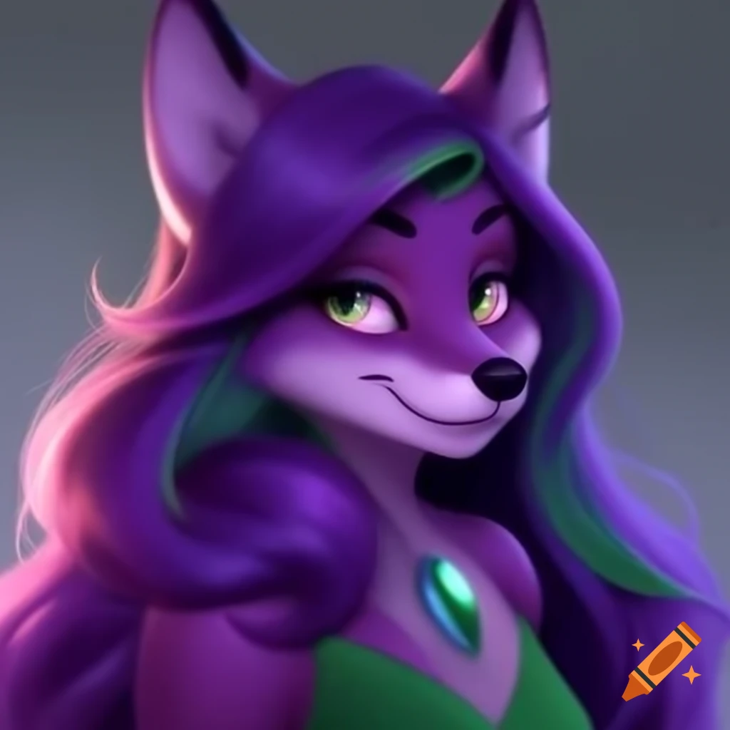 Anthropomorphic fox woman in Disney style with purple and green hair