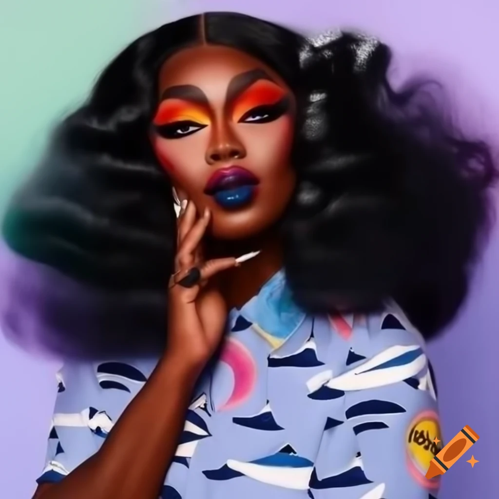 Nautical-themed drag look featuring older black queen with beachy waves