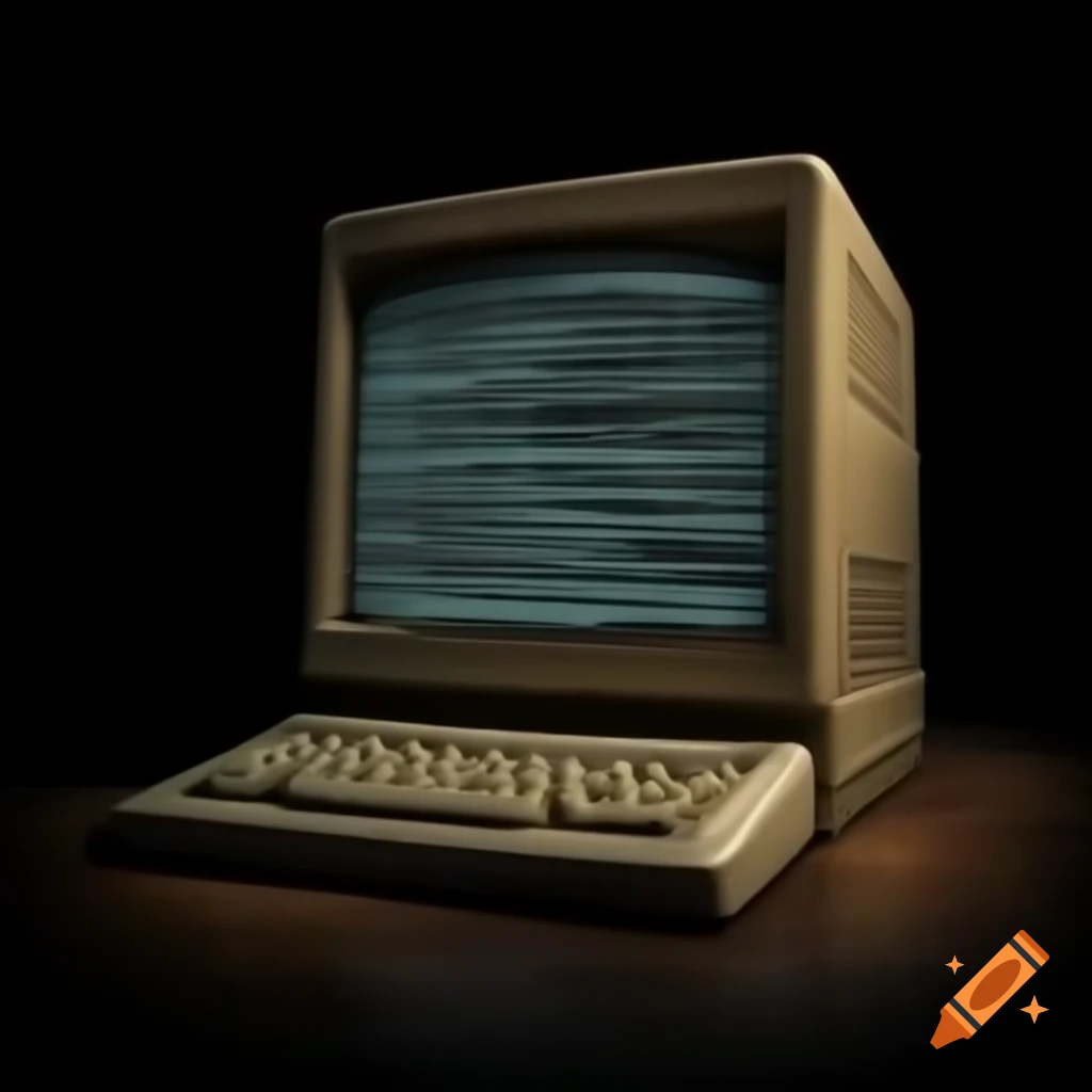 Vintage PC displaying lines of code on black background