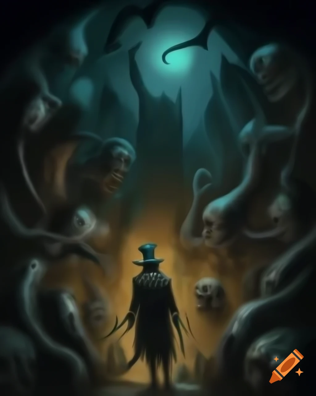 Surreal shadowy cityscape glowing with otherworldly light from fantastical creatures