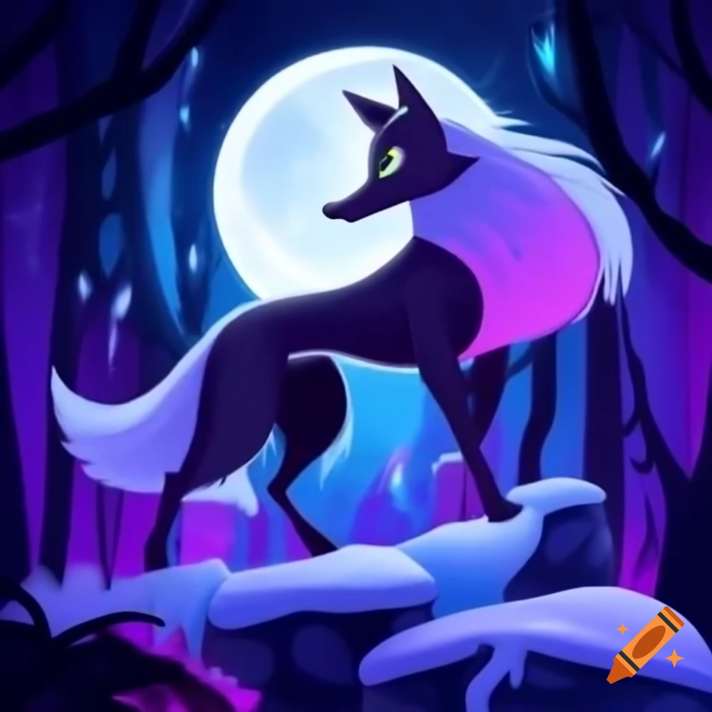 Disney style female wolf with purple and green hair running through frozen forest at night with full moon