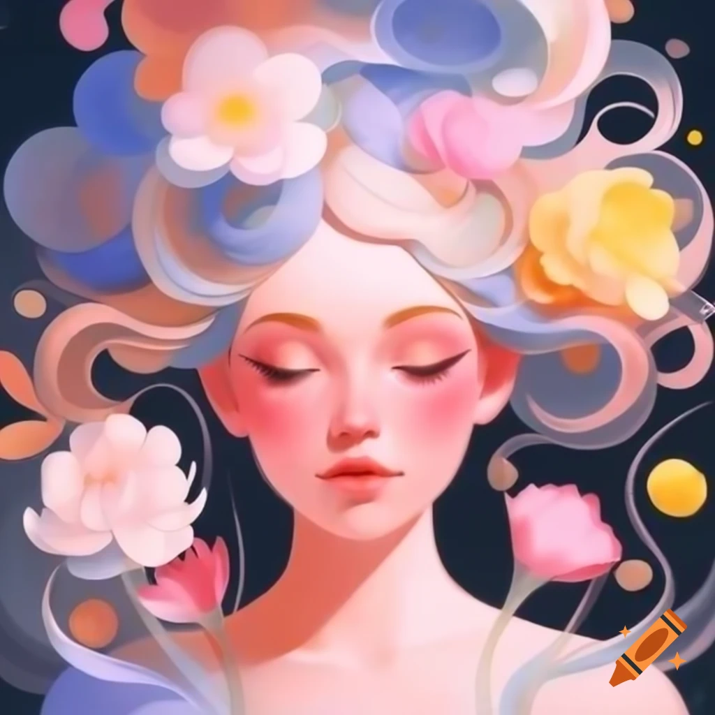 Elegant lineart of young woman with flowers in hair, colorful swirls and shimmering details
