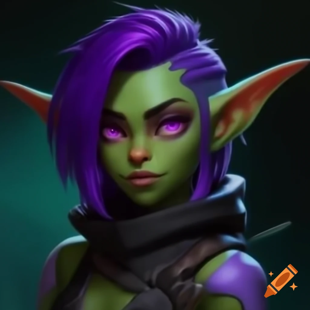 Cyberpunk goblin woman with purple hair