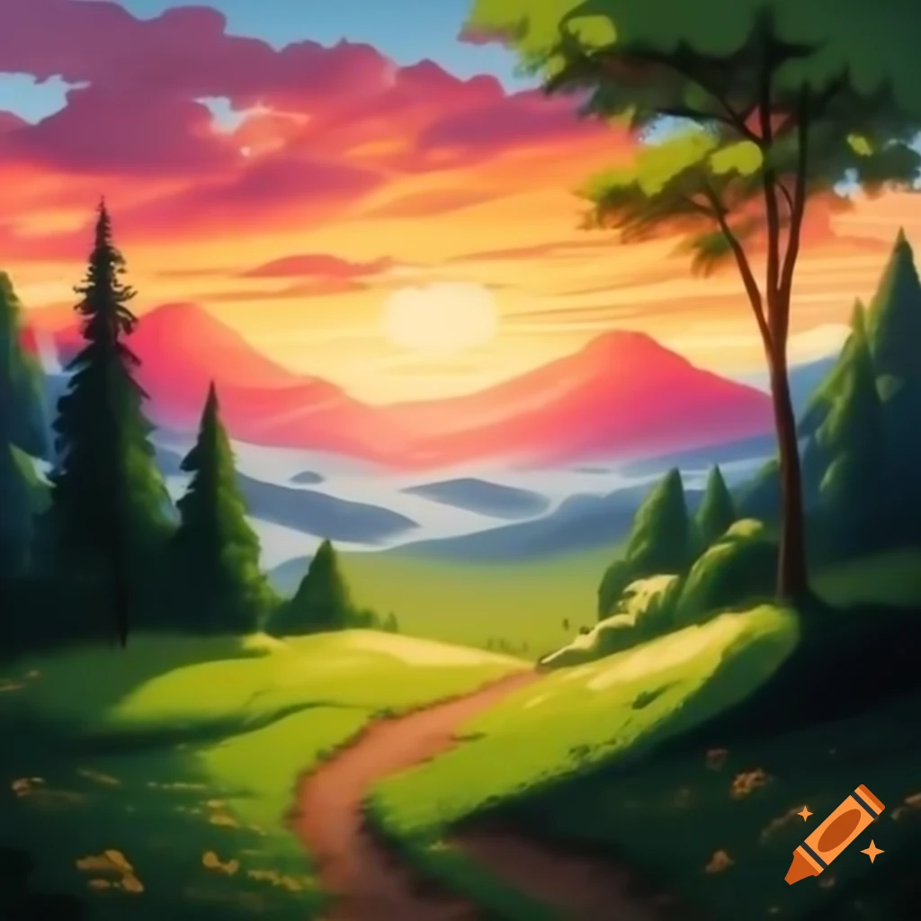 Winding path through lush green forest with sunset rays and misty mountains