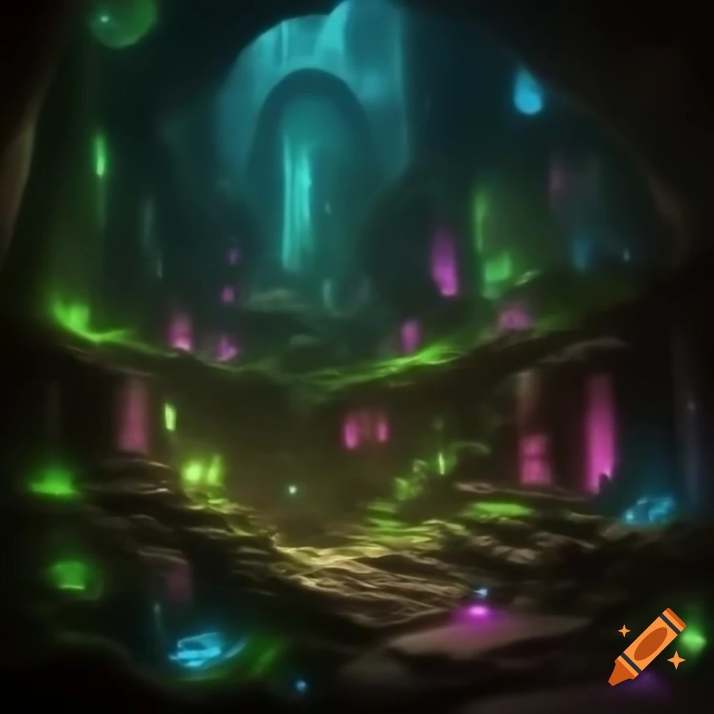 Underground dwarven city illuminated by colorful crystals