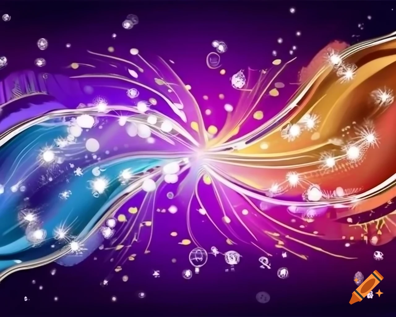 Swirling fairy dust sparkling in bold colors with silver and gold, storybook style