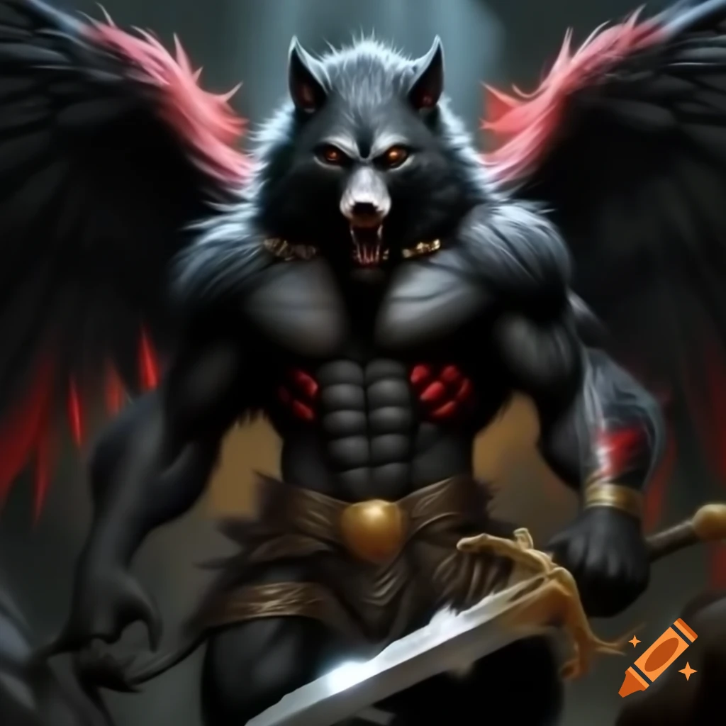 Black werewolf with red stripes and angel wings holding a greatsword, surrounded by a golden glow