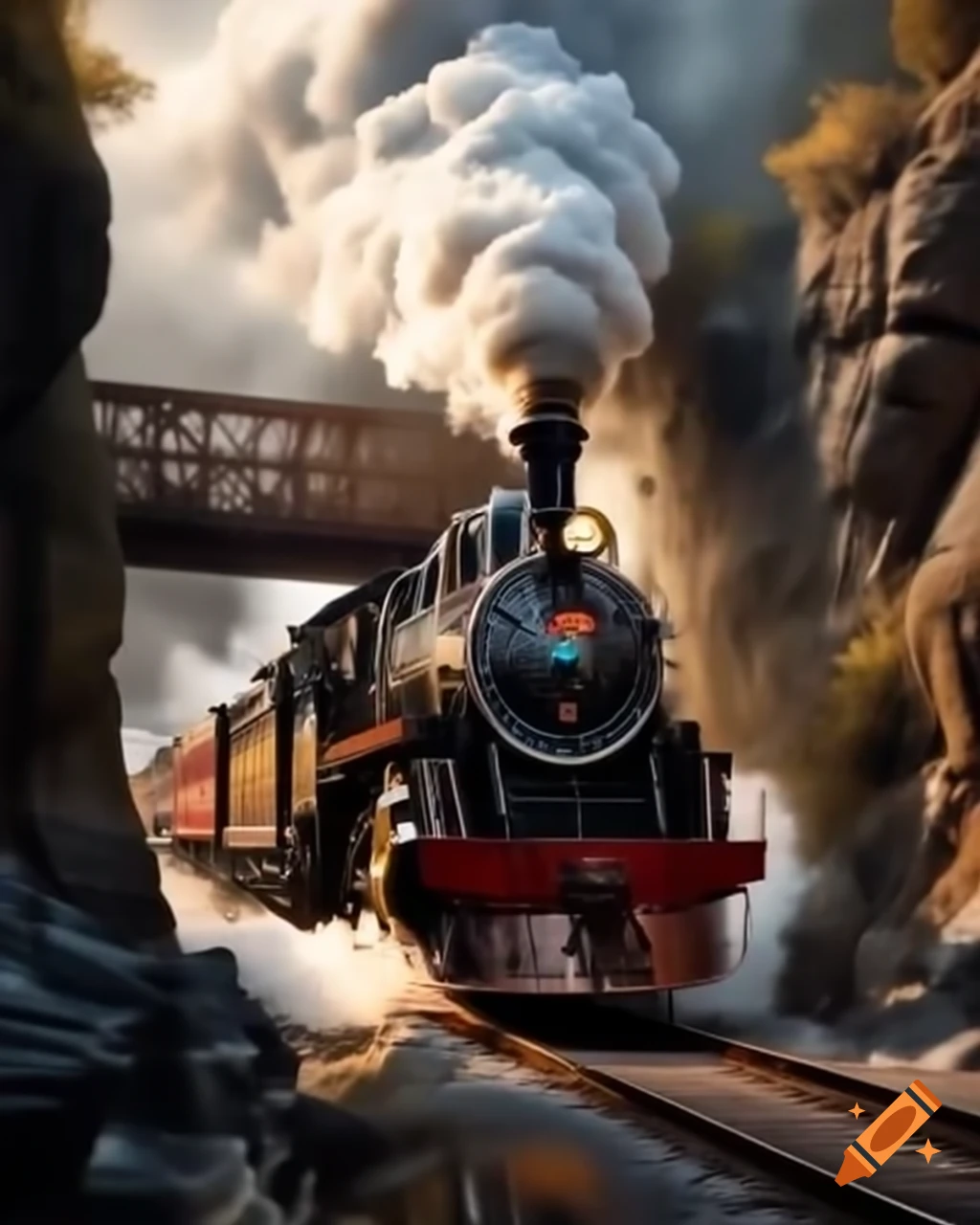 Antiquated steam locomotive traveling through rugged canyon on towering trestles