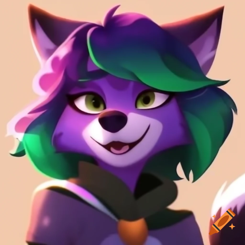 Anthropomorphic feminine wolf with purple and green hair, Pixar style
