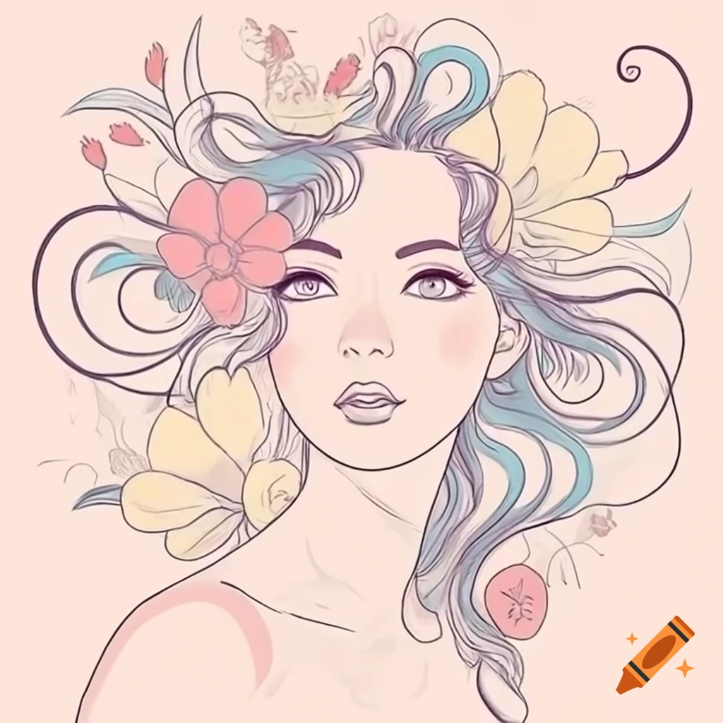 Elegant lineart of young woman with flowers in hair, colorful swirls and shimmering details