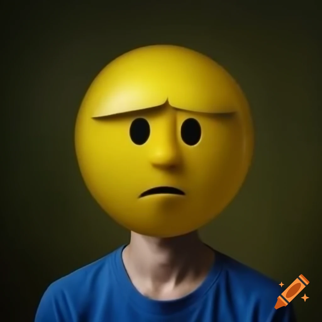 Actor resembling yellow-skinned character with emoji balloon head looking into camera