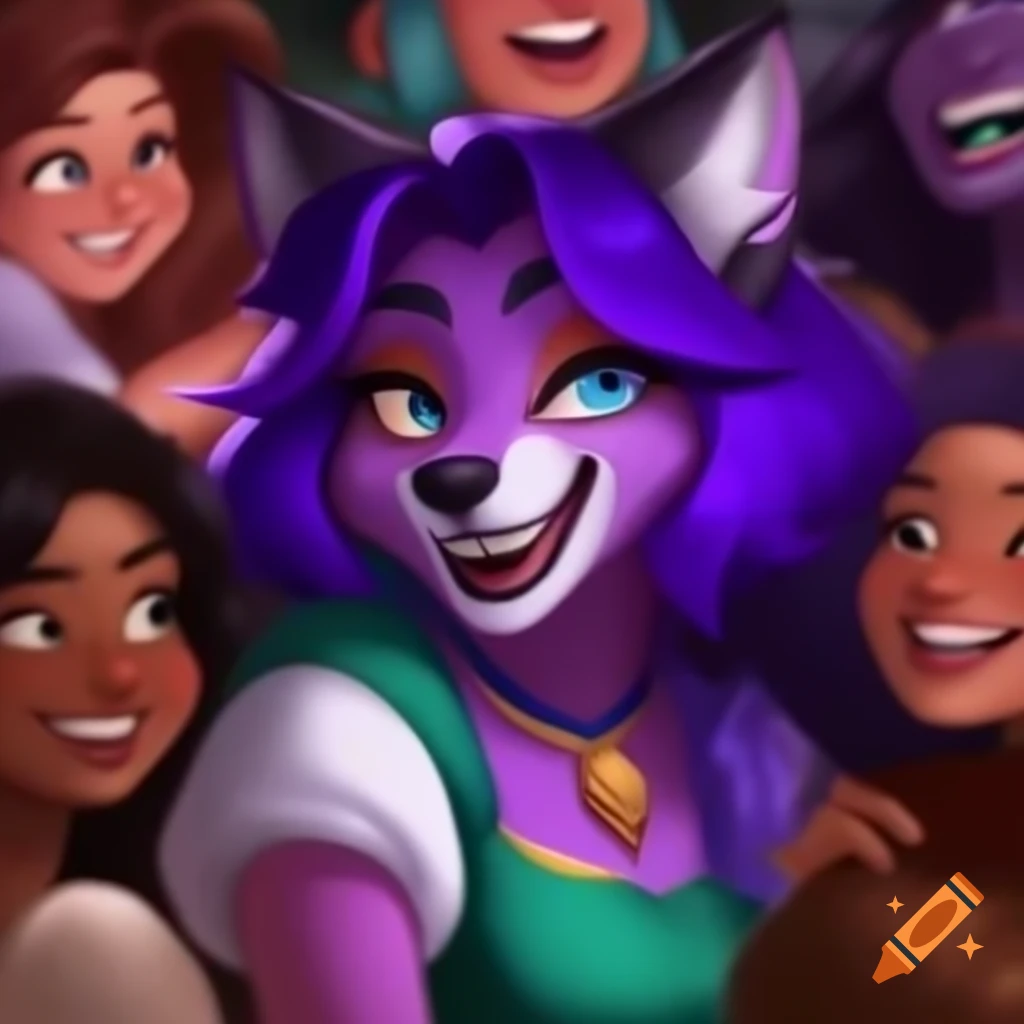 Disney-style anthropomorphic wolf woman with purple and green hair laughing with friends