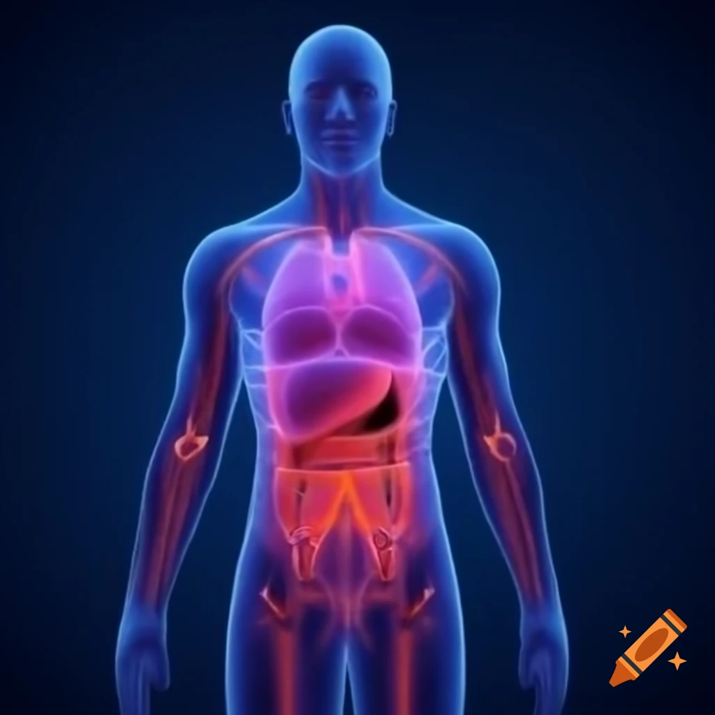 Thermal infrared scan of human body diagram with mini humans exploring
