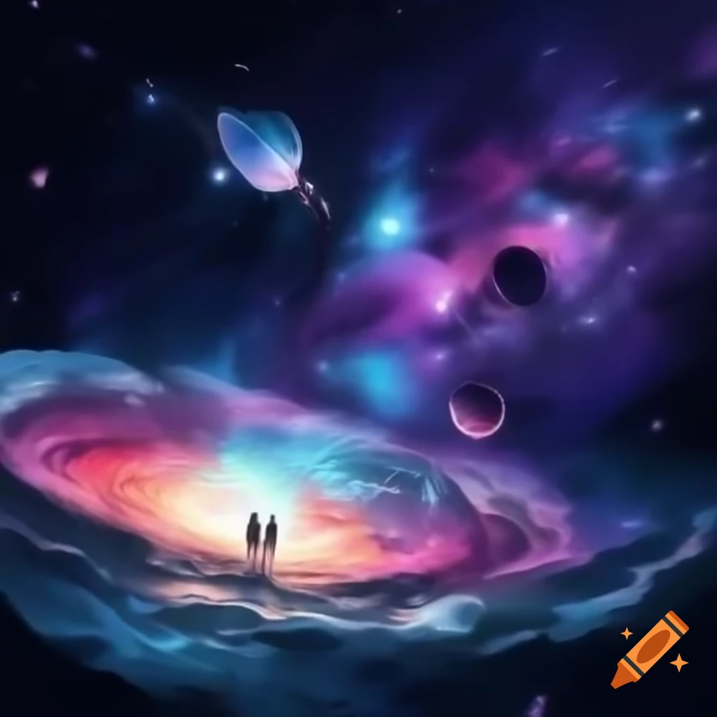Two people floating in a colorful galaxy