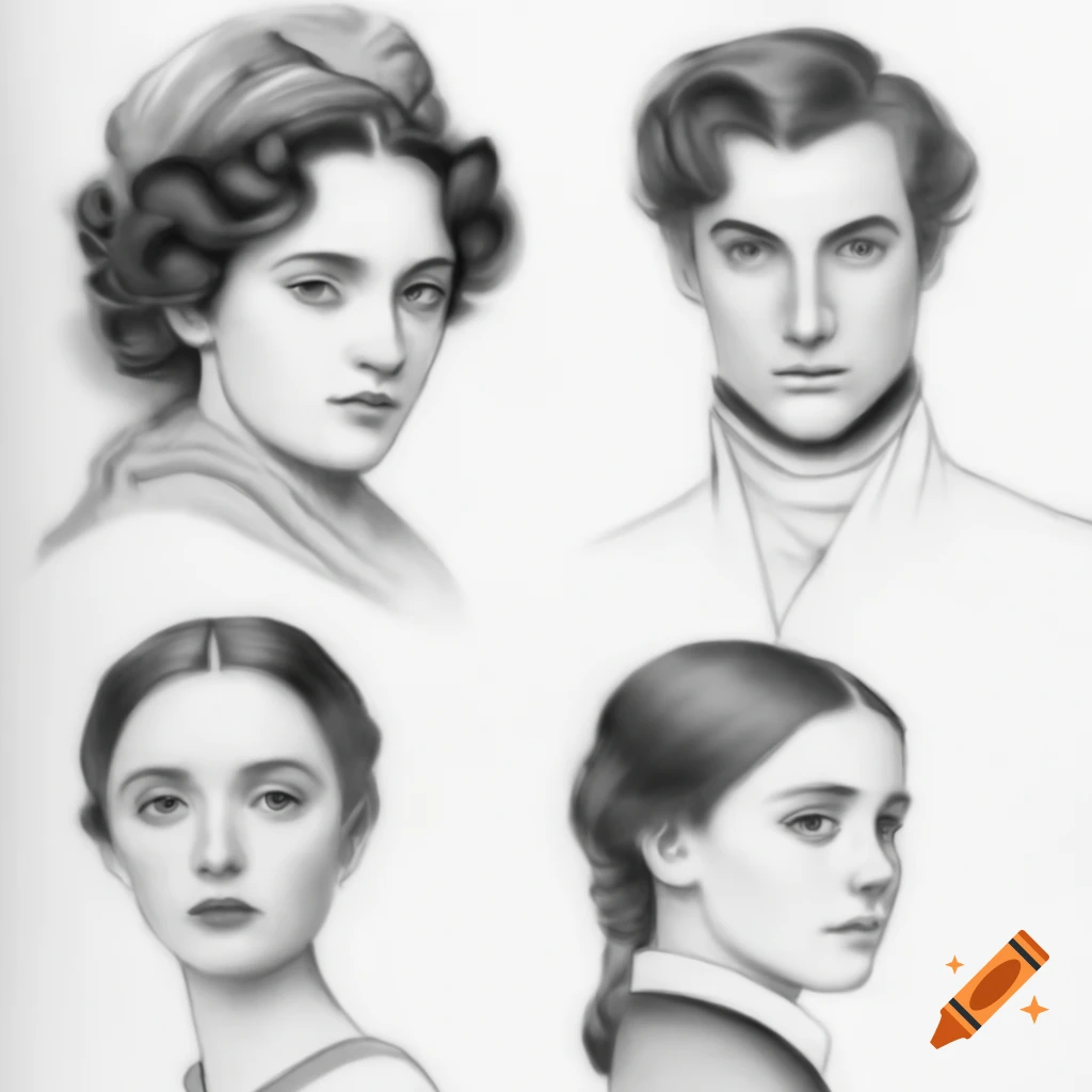 Pencil sketch illustration inspired by Charles E. Brock, depicting scenes from Pride and Prejudice and Emma