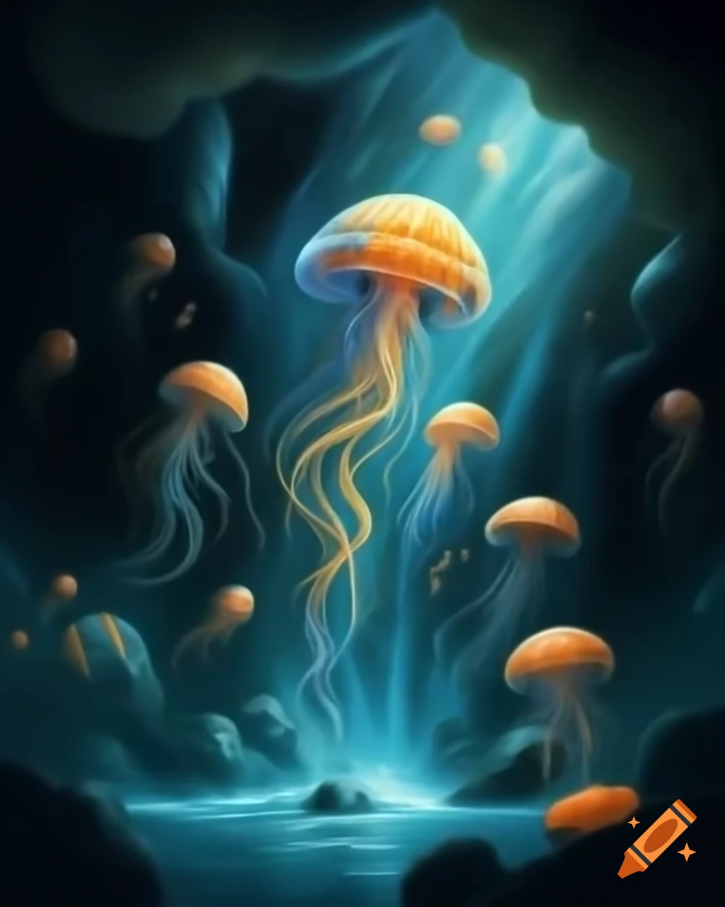 Celestial scene with galactic waters and luminous jellyfish ascending
