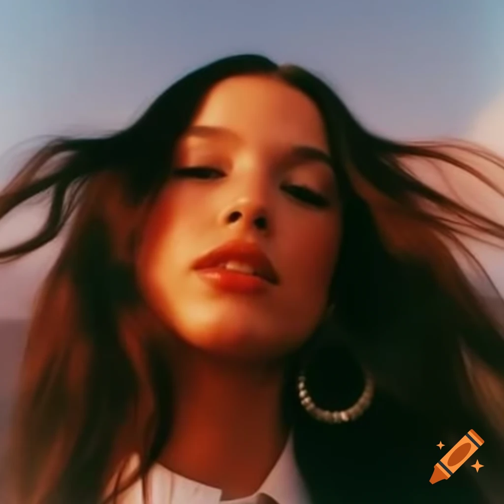 Pop art photography of young Olivia Rodrigo with 2000's hairstyle