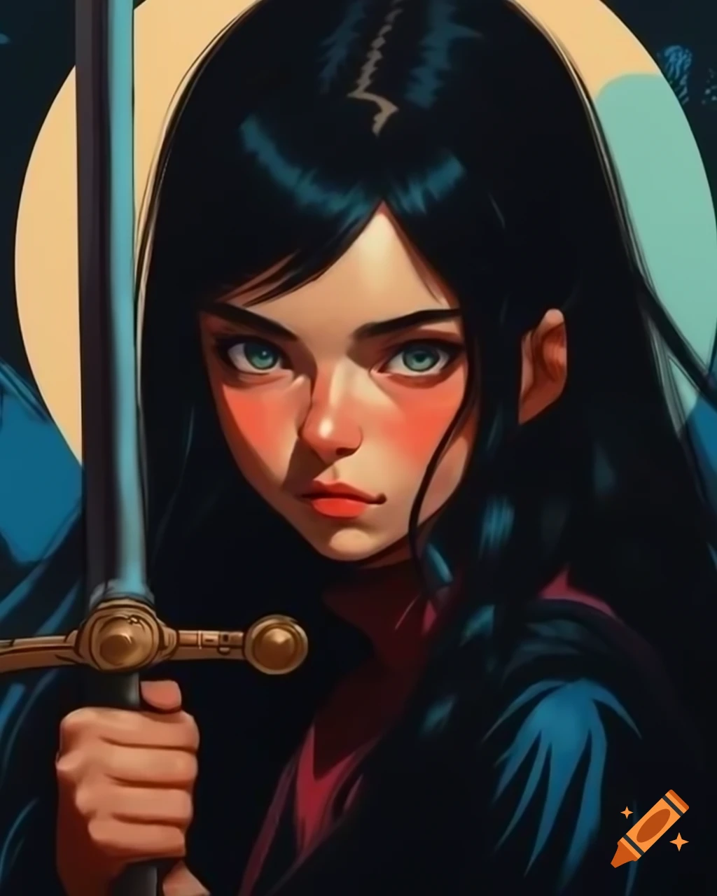 Full-length portrait of young woman with long black hair holding a sword in 1980s retro anime style