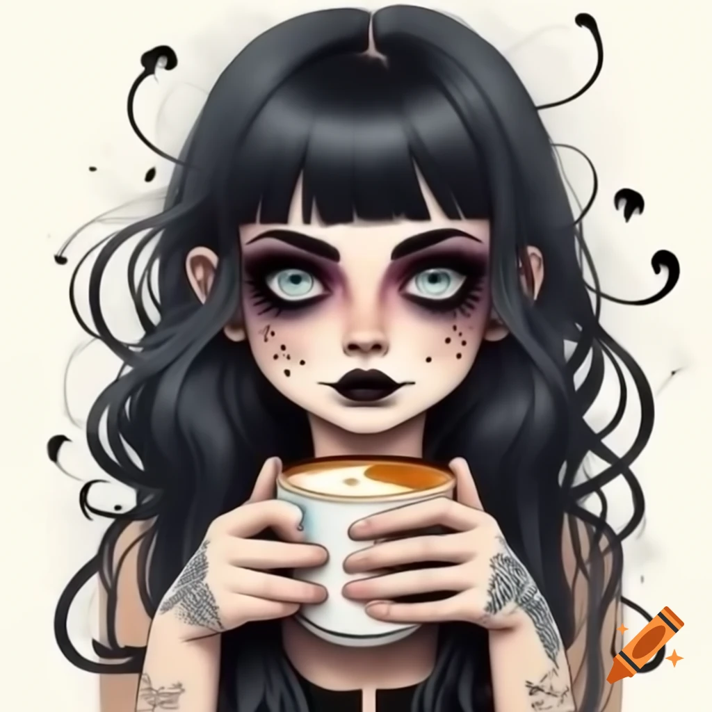 Goth girl with smoky eyes holding a latte sticker design