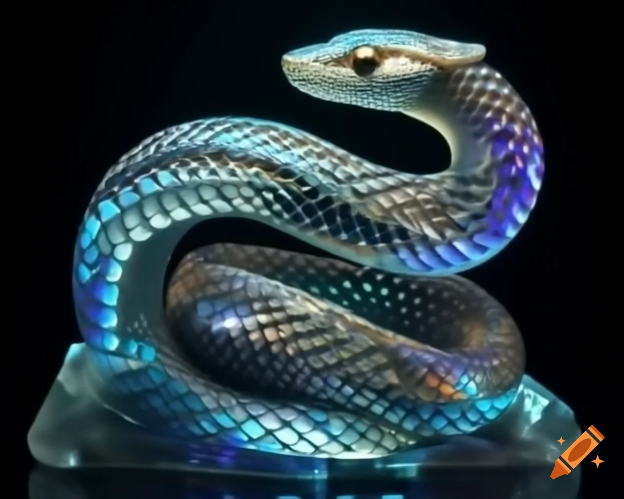 Sculpture of a sinuous crystal snake reflecting light with iridescent ...
