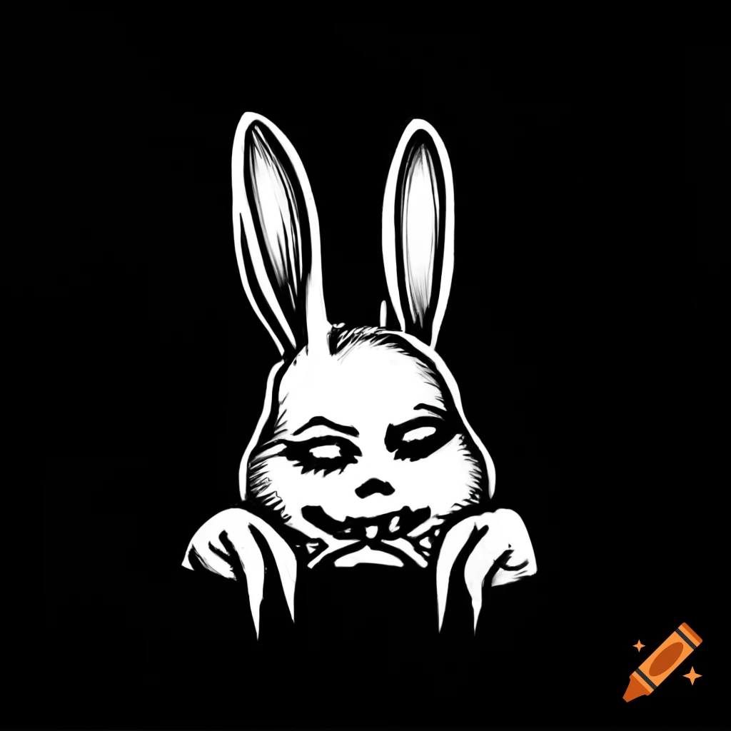 Illustration of a smiling bunny with sad eyes in stipple drawing style on black background