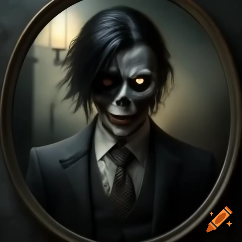 Dark ghoul in suit reflected in old mirror, high detail