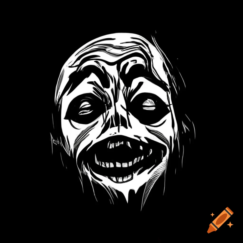 Horror illustration of a scary smiling figure with sad eyes in pen and ink on black background