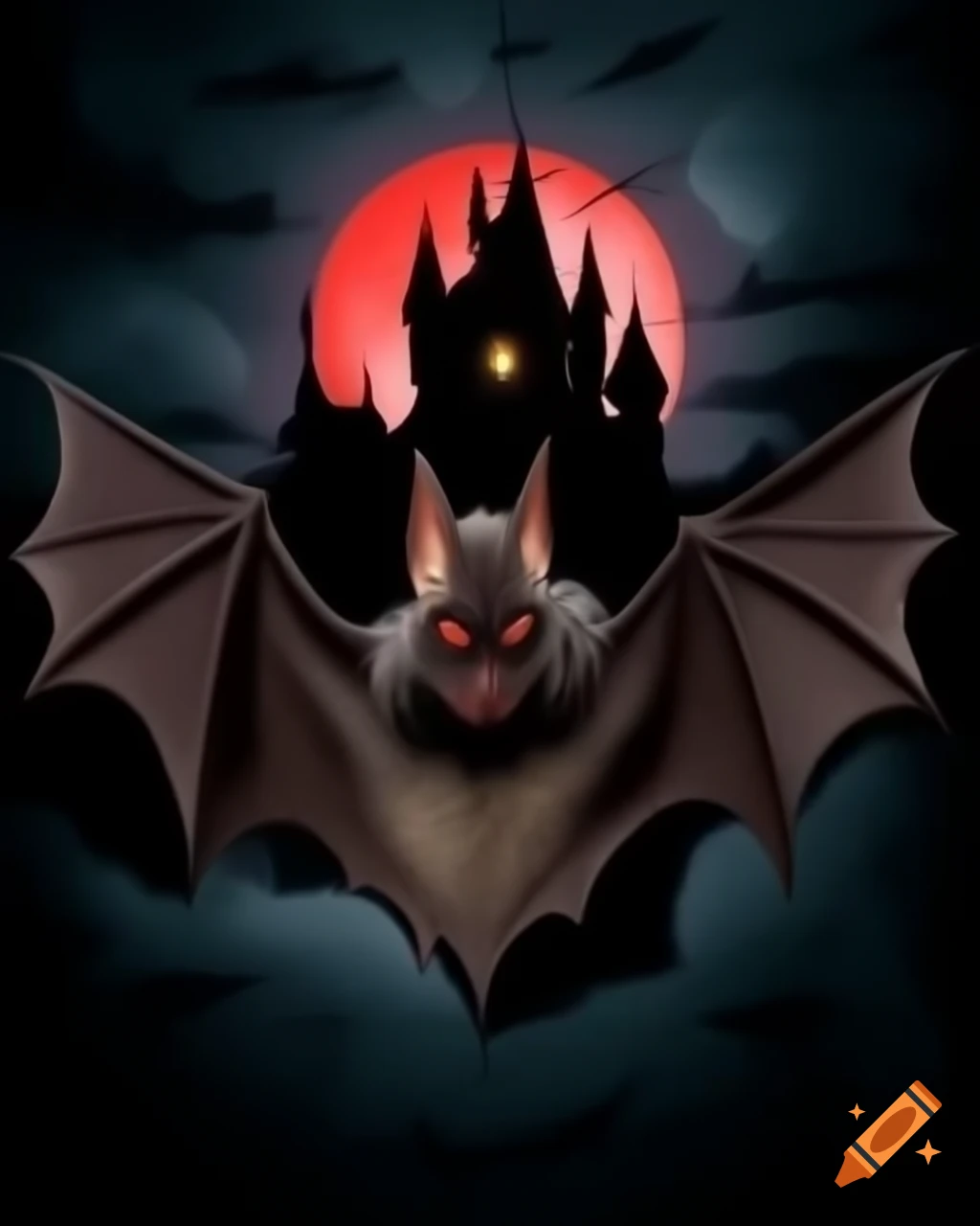 Vampire bat flying with dark castle and red moon backdrop