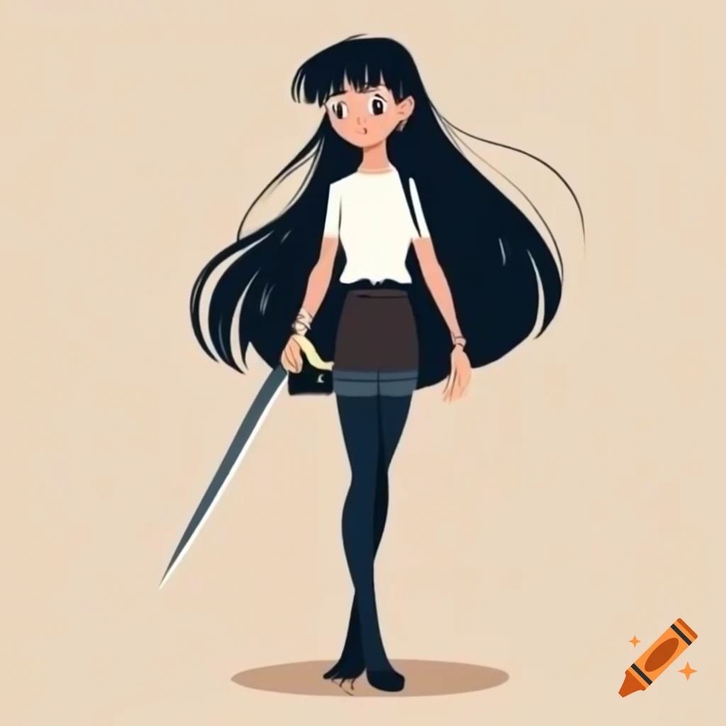 Young woman with long black hair holding sword in 1980s retro anime style