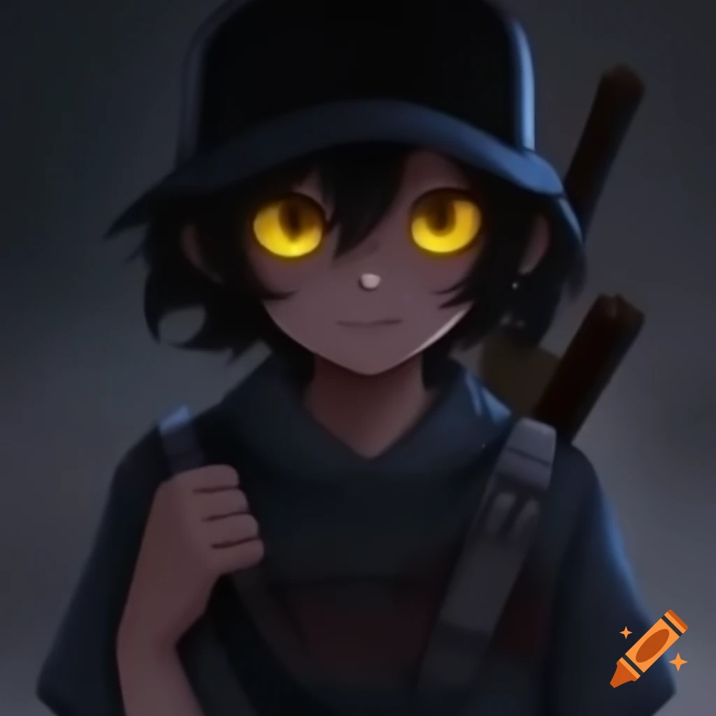 Older version of Niko in anime style, wearing ripped clothes and black headband with glowing symbol, holding a rusty machete