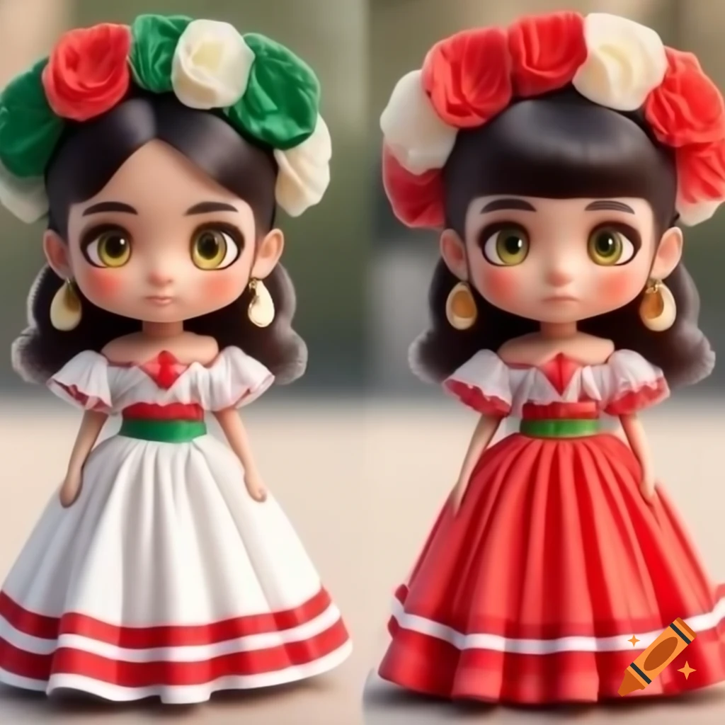 Chibi character in traditional Mexican dress with white, red, and green colors