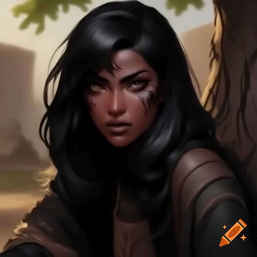 Middle eastern woman in tunic sitting by tree, illustrated in DC Comics style