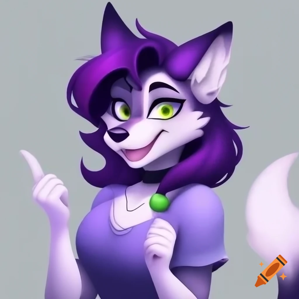 Happy anthropomorphic female wolf with purple and green hair giving thumbs up