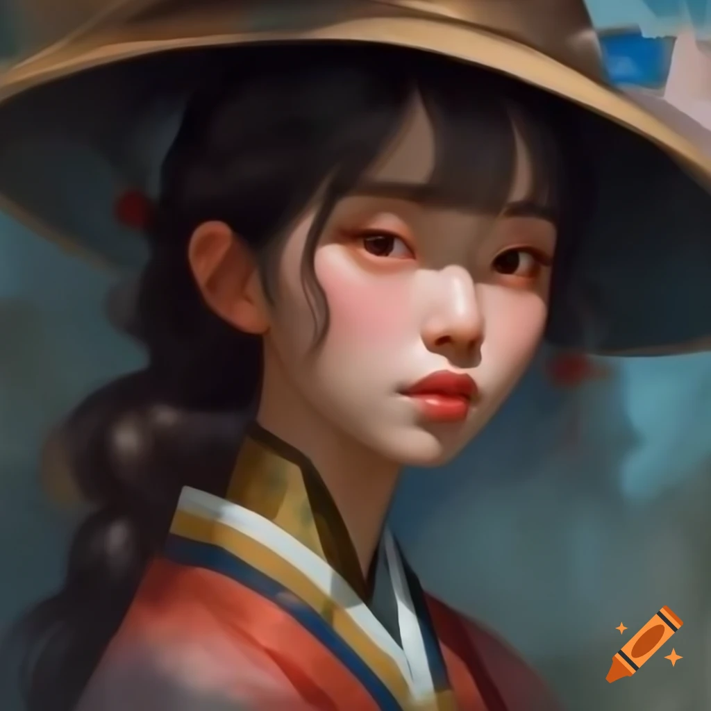 Detailed digital portrait of a charming Korean woman in watercolor style with Rembrandt influence