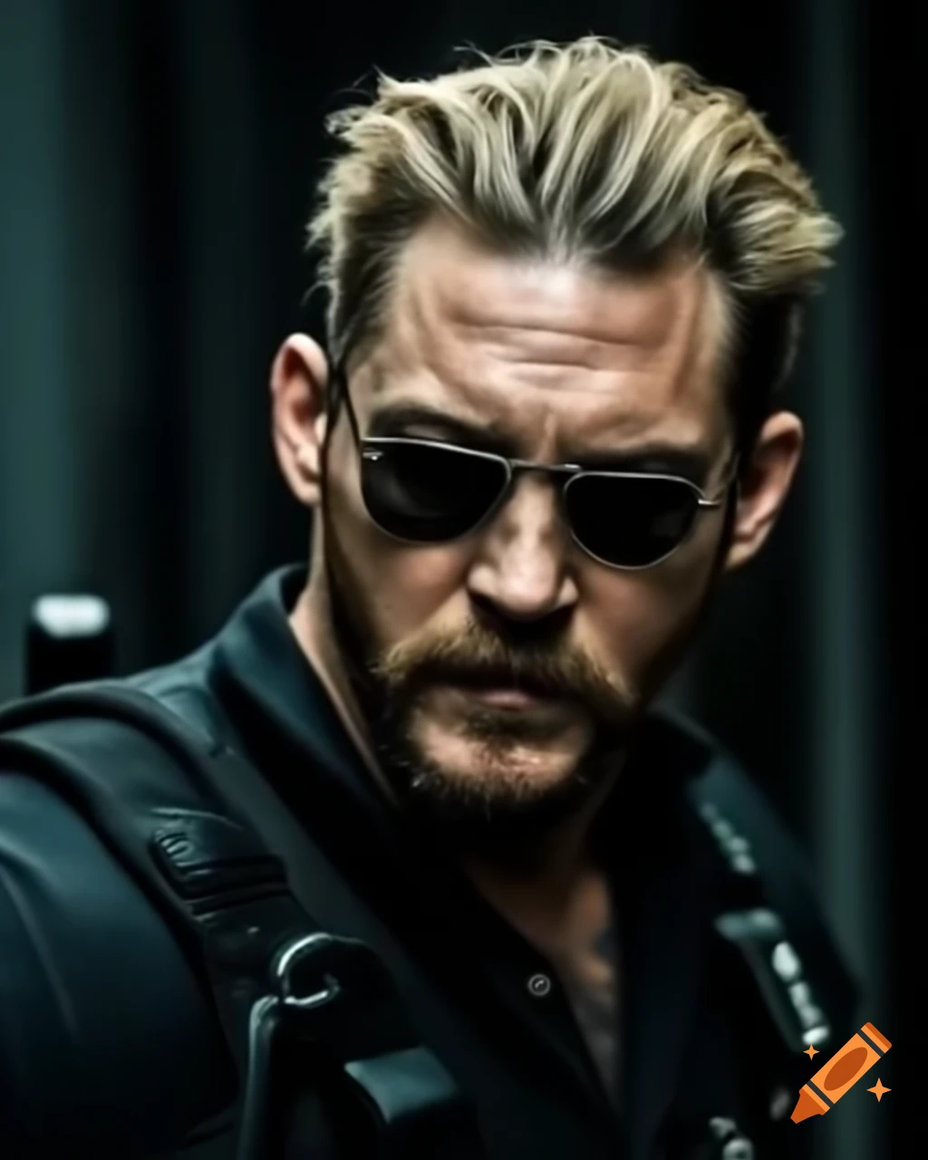 Tom Hardy as a serious cop in black gear, blonde slicked back hair and beard