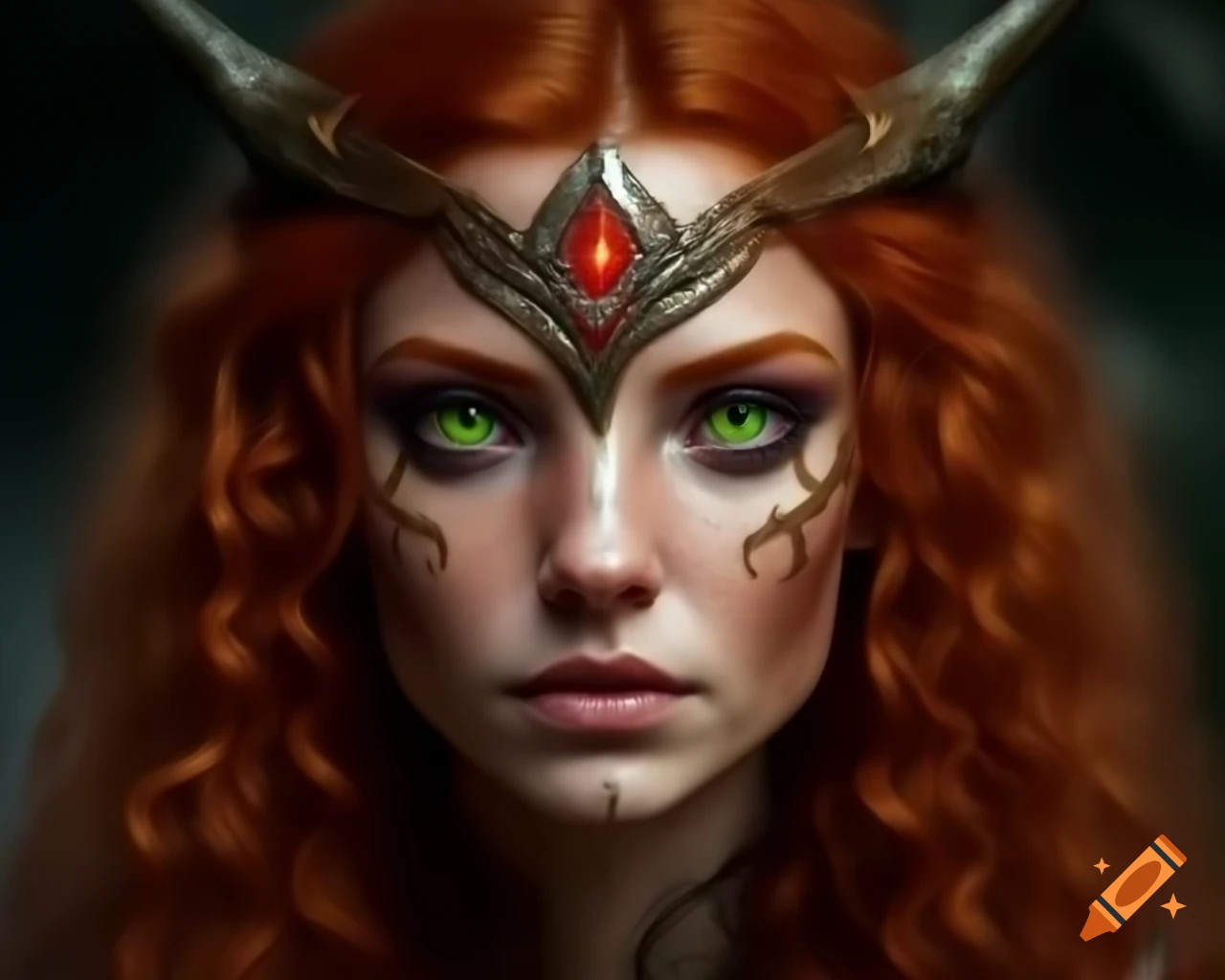 Close-up of a woman with red curly hair in Celtic druid style, digital art