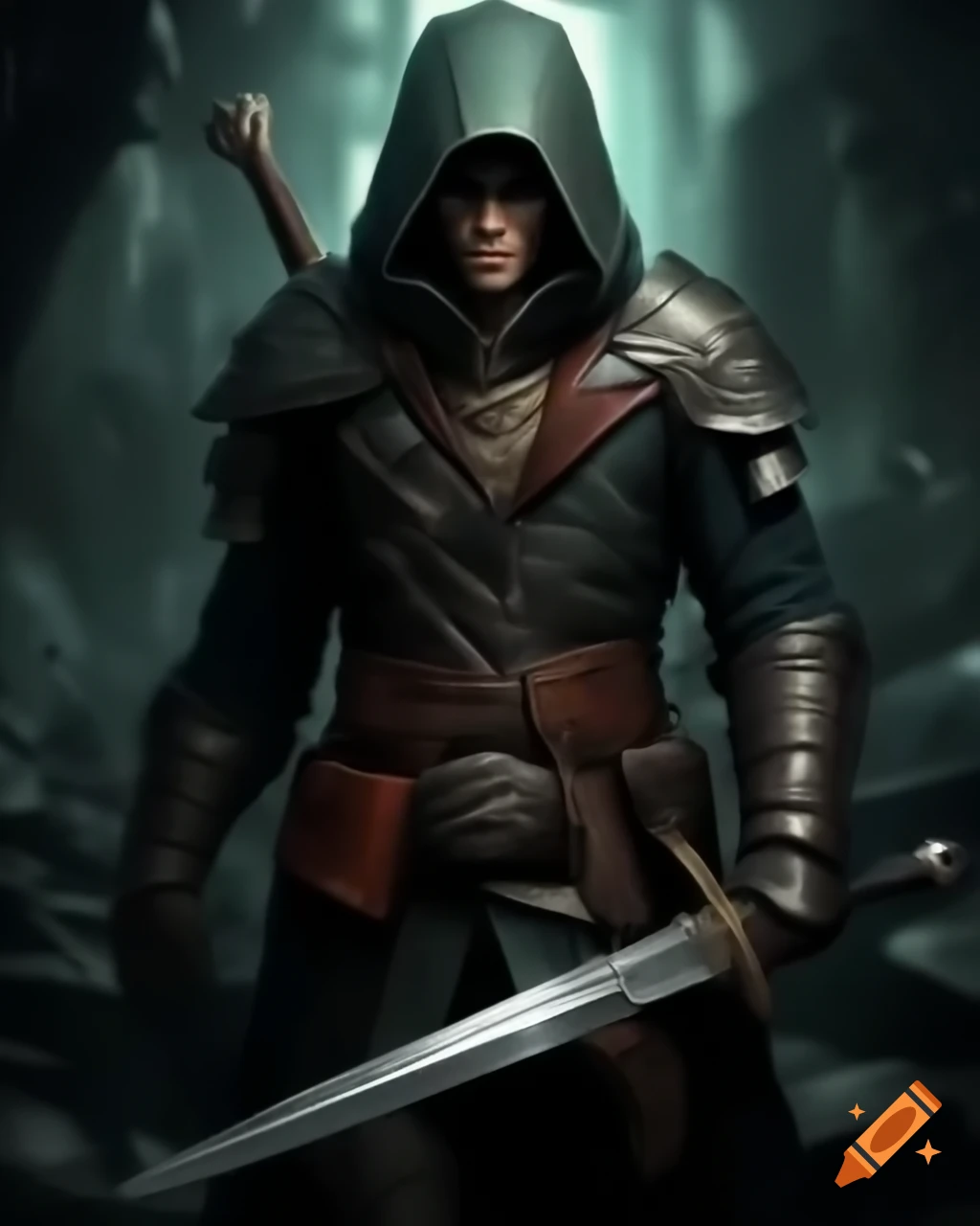 Chaotic good male human rogue character dual wielding shortsword and dagger