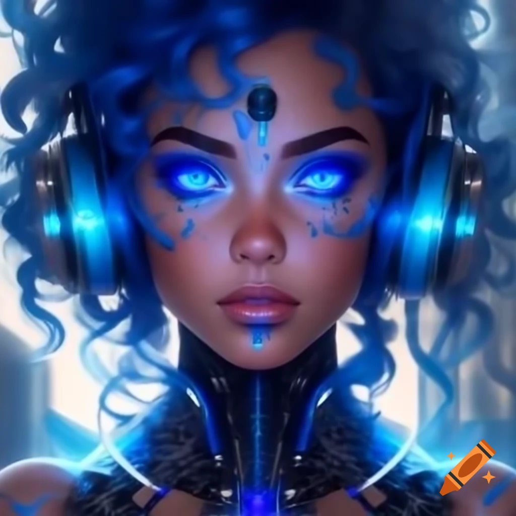 Woman with blue and white curly hair, blue eyes, and futuristic robotic makeup with headphones