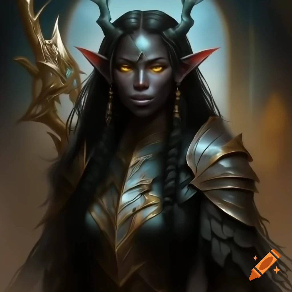 Black high elf paladin witch princess with flowing black and silver hair