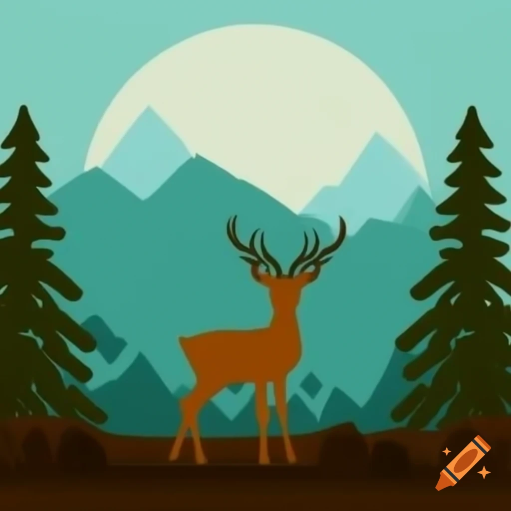 Decoupage art of a deer in woods with mountain silhouette