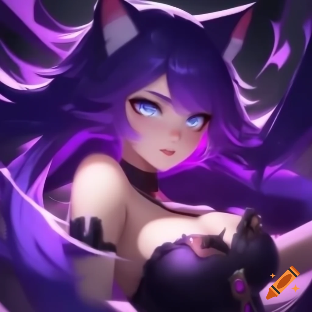 Anime cat girl with purple hair and confident smirk